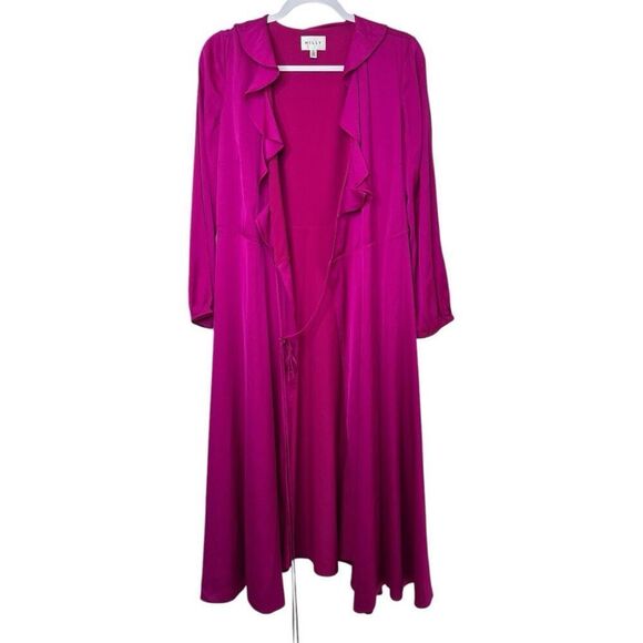 Milly Halley Fuschia Pink Faux-Wrap Satin Midi Dress Size 6 Ruffle Neiman Marcus - Picture 1 of 8